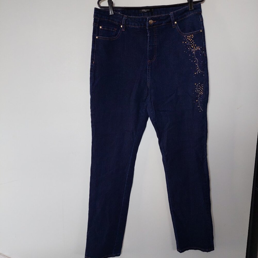 Simon Chang Women's Embroidered High Rise Dark Blue Stretch Jeans in size 14